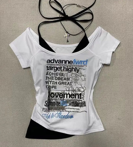 Women Clothing Summer T Shirts Y2k Tops Fake Two Vintage Tees Letter Print Bandage Tshirts Korean T-shirt Short Sleeve Camisetas