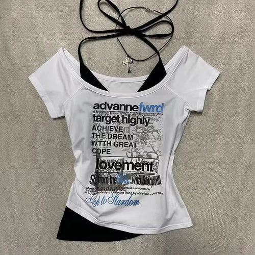 Load image into Gallery viewer, Women Clothing Summer T Shirts Y2k Tops Fake Two Vintage Tees Letter Print Bandage Tshirts Korean T-shirt Short Sleeve Camisetas
