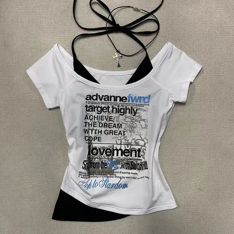 Women Clothing Summer T Shirts Y2k Tops Fake Two Vintage Tees Letter Print Bandage Tshirts Korean T-shirt Short Sleeve Camisetas