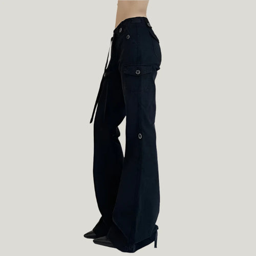 Load image into Gallery viewer, Low Rise Flare Jeans Women Grunge Y2k Cargo Pants 90s Vintage Clothes Black Brown Denim Trousers Streetwear P67-FZ30
