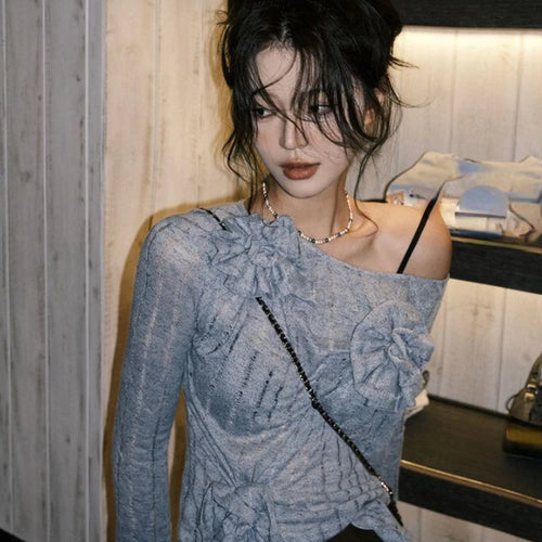 Load image into Gallery viewer, Autumn Sweet Solid 3D Flower Women's T-Shirt  New Knitted Streetwear Bottoming Tshirts Y2k Aesthetic Slash Neck Tee Shirts
