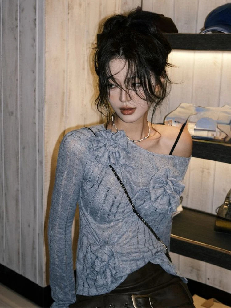 Autumn Sweet Solid 3D Flower Women's T-Shirt  New Knitted Streetwear Bottoming Tshirts Y2k Aesthetic Slash Neck Tee Shirts