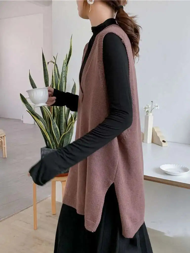 Coffee Color Big Size Knitting Sweater Loose Fit V-Neck Sleeveless Women Pullovers New Fashion Autumn Winter 2025 1Y21116
