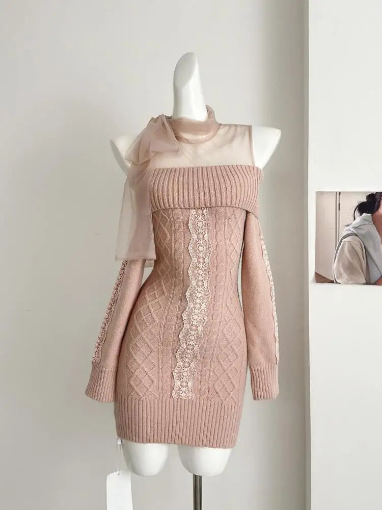 Autumn Winter Korean Pink Off Shoulder Slim Long Sleeve Bow Bandage Short Dress Women Beige Patchwork Lace Wrap Hip Knit Dresses