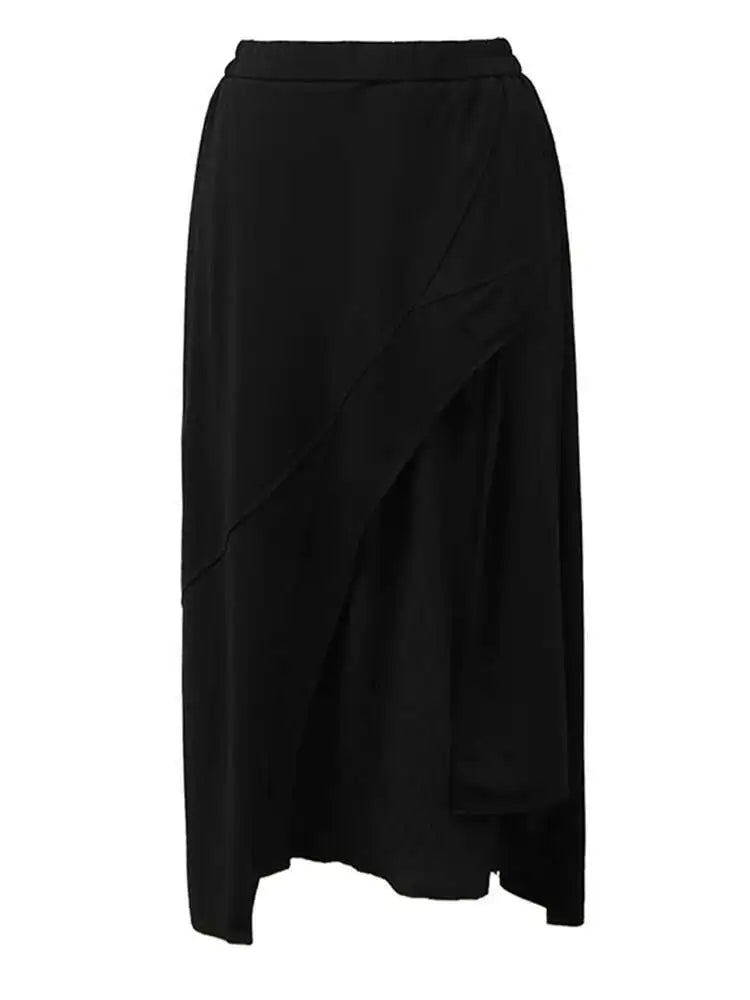 High Elastic Waist Black Irregular Spliced Midi A-line Half-body Skirt Women Fashion Tide New Spring Autumn 2025 1DH5347