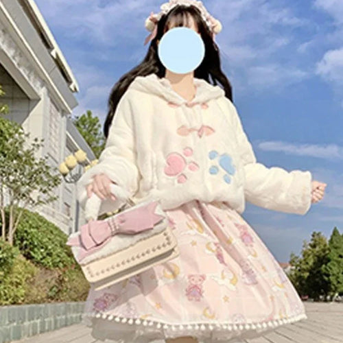 Load image into Gallery viewer, Lolita Fluffy Women Hooded Crop Coat 2025 Y2k Aesthetic Grunge Horn Toggle Button Jacket Rabbit Ear Harajuku Jackets Cute Tops
