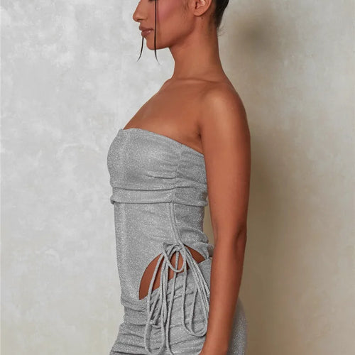 Load image into Gallery viewer, Glitter Sexy Dress Set Women Strapless Bodysuit And Mini Skirt Matching Sets Ladies Party Drawstring Two Piece Sets
