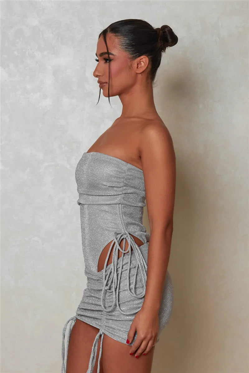 Glitter Sexy Dress Set Women Strapless Bodysuit And Mini Skirt Matching Sets Ladies Party Drawstring Two Piece Sets