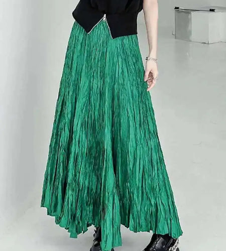 Women Black Pleated Thin Big Size Half-body Skirt High Elastic Waist Loose Fashion Tide New Spring Summer 2025 1DF9003