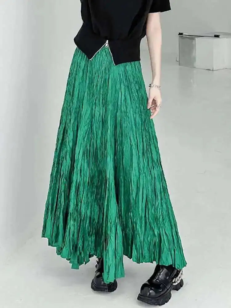 Women Black Pleated Thin Big Size Half-body Skirt High Elastic Waist Loose Fashion Tide New Spring Summer 2025 1DF9003
