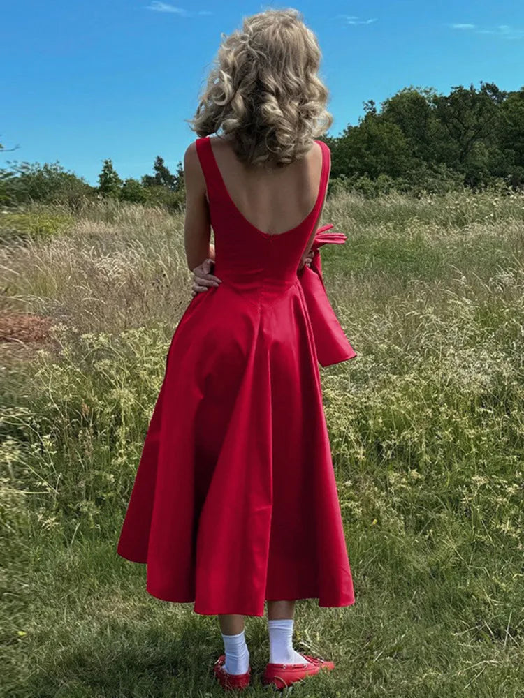 Backless A-line Maxi Dress For Women Fashion Solid O Neck Sleeveless Long Dress Ladies Gown High Waist Tank Dresses