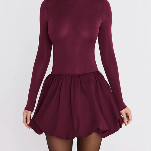 Load image into Gallery viewer, Turtleneck Long Sleeve Sexy Mini Dress For Women Robe Fashion Burgundy Patchwork High Waist A-line Club Pleated Dress
