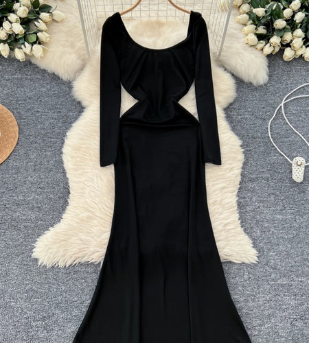 Korean Autumn 2024 New Black Elegant Long Sleeve Vacation Slim Dresses Women Square Collar Temperament Dress Fashion Simplicity
