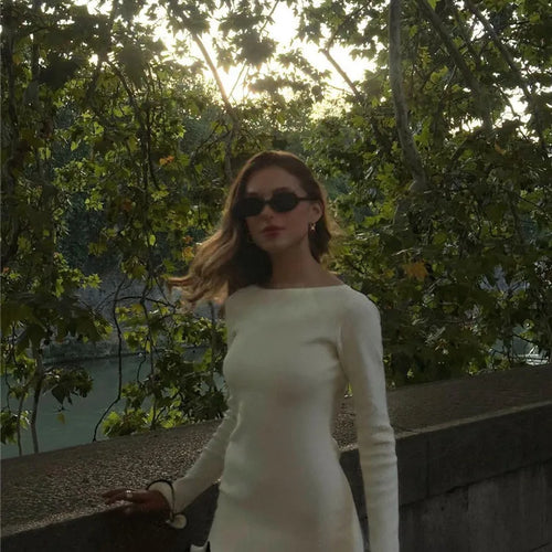 Load image into Gallery viewer, Long Sleeve Knit Mini Dress For Women Pullovers Sweater Dress Autumn Winter New Contrast Color O Neck Ruffled Dress
