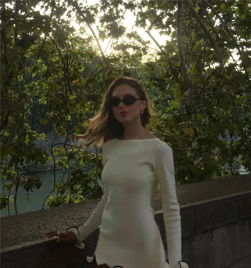 Long Sleeve Knit Mini Dress For Women Pullovers Sweater Dress Autumn Winter New Contrast Color O Neck Ruffled Dress