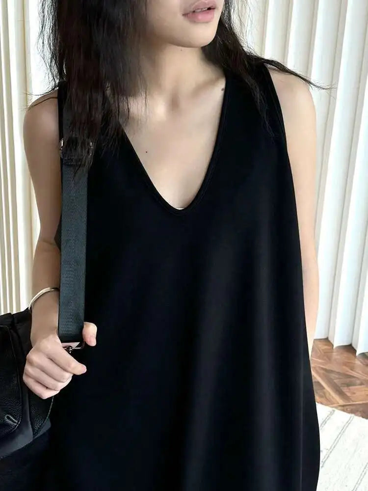 Women Black Brief Irregular Shaped Pocket Long Elegant Dress New V-Neck Sleeveless Fashion Tide Spring Autumn 2025 1DH9419