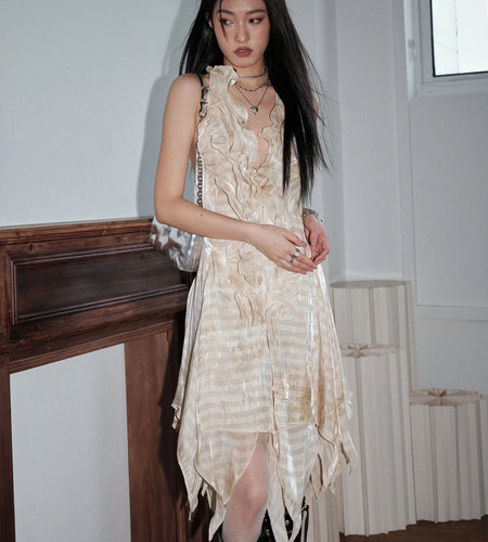 Women Apricot Printed Ruffles Irregular Backless Mini Dress New Halter Sleeveless Fashion Tide Spring Summer 2025 1DJ1462