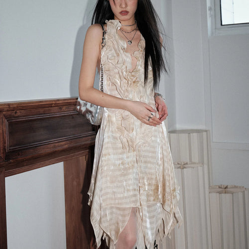 Load image into Gallery viewer, Women Apricot Printed Ruffles Irregular Backless Mini Dress New Halter Sleeveless Fashion Tide Spring Summer 2025 1DJ1462
