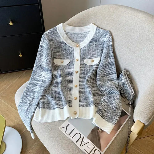 Load image into Gallery viewer, French Fashion Patchwork Elegant Long Sleeve O Neck Women Sweaters 2024 New Autumn Winter Single Breasted Vacation Cardigan Tops
