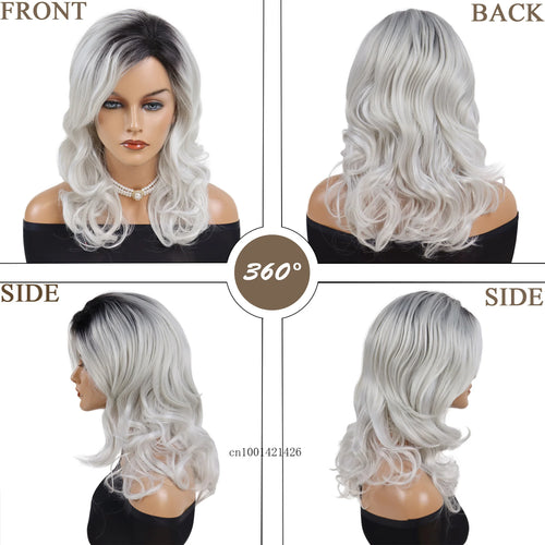 Load image into Gallery viewer, Synthetic Wigs for Women Long Curly Wavy Wig Ombre Silver Grey Wigs with Dark Roots Body Wave Wig Natural Hairstyles Mommy Wig
