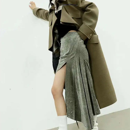 Load image into Gallery viewer, High Waist Gray Green Rhinestones Irregular Elegant Half-body Skirt Women Fashion Tide New Spring Autumn 2025 1DH8207
