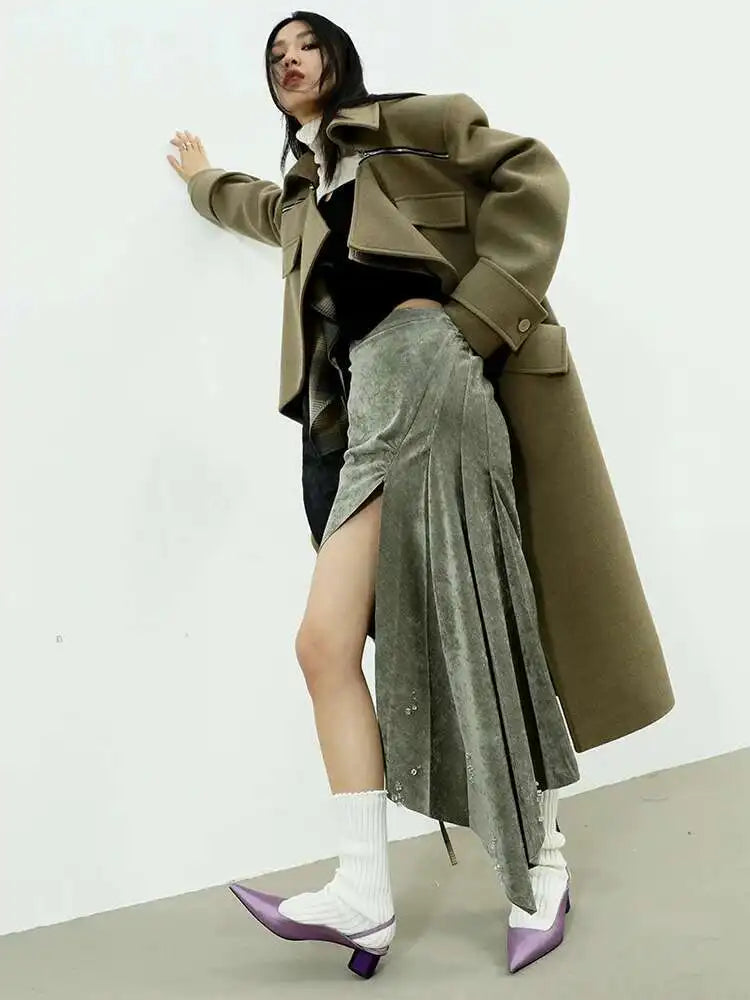 High Waist Gray Green Rhinestones Irregular Elegant Half-body Skirt Women Fashion Tide New Spring Autumn 2025 1DH8207