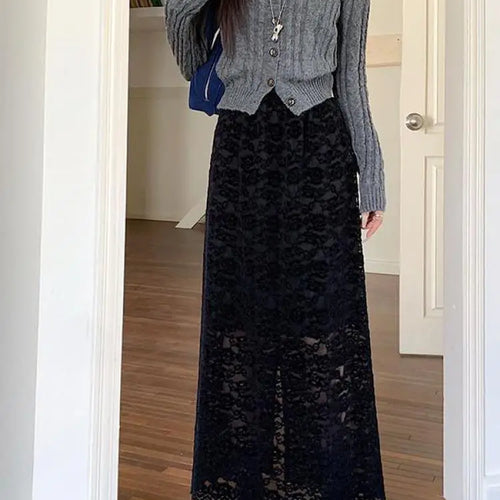 Load image into Gallery viewer, Autumn Winter Vintage White Lace Pleated A-line Split Skirt New Women Black Elegant High Waist Vacation Party Half Long Skirts
