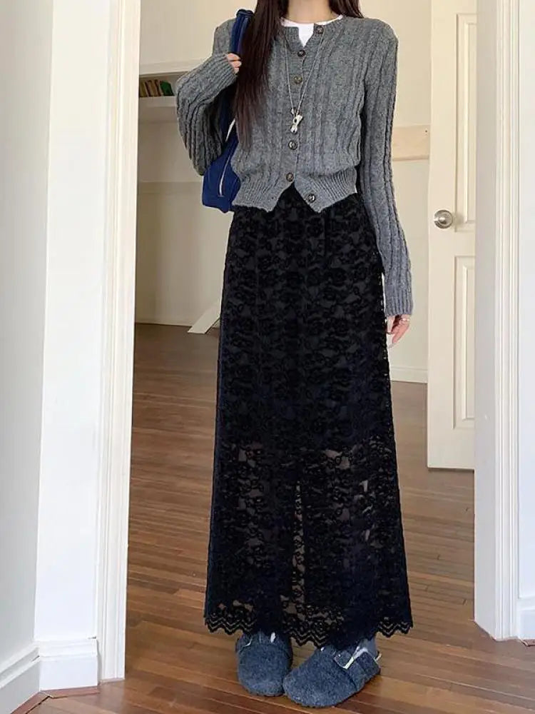 Autumn Winter Vintage White Lace Pleated A-line Split Skirt New Women Black Elegant High Waist Vacation Party Half Long Skirts