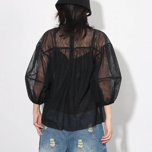 Load image into Gallery viewer, Solid Patchwork Mesh Elegant Shirts For Women Round Neck Lantern Sleeve Spliced Folds Casual Pullover Shirt Female
