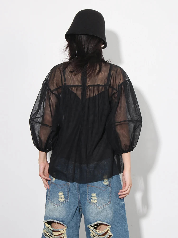 Solid Patchwork Mesh Elegant Shirts For Women Round Neck Lantern Sleeve Spliced Folds Casual Pullover Shirt Female