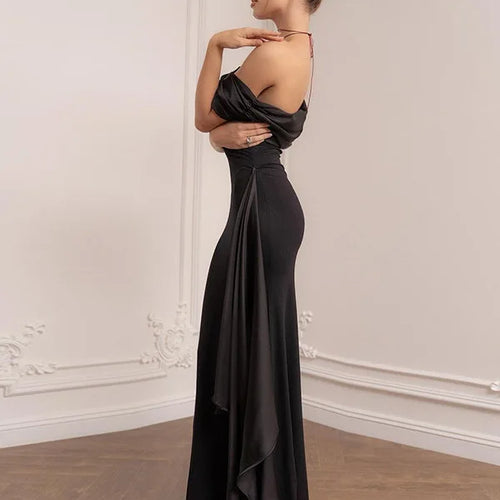 Load image into Gallery viewer, One Shoulder Mesh Patchwork Ribbon Dress Women Fashion New Slim Fit Black Female Long Dress Elegant Party Evening Dress
