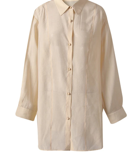 Women Apricot Thin Perspective Casual Big Size Blouse New Lapel Long Sleeve Shirt Fashion Tide Spring Autumn 2025 CPG3314