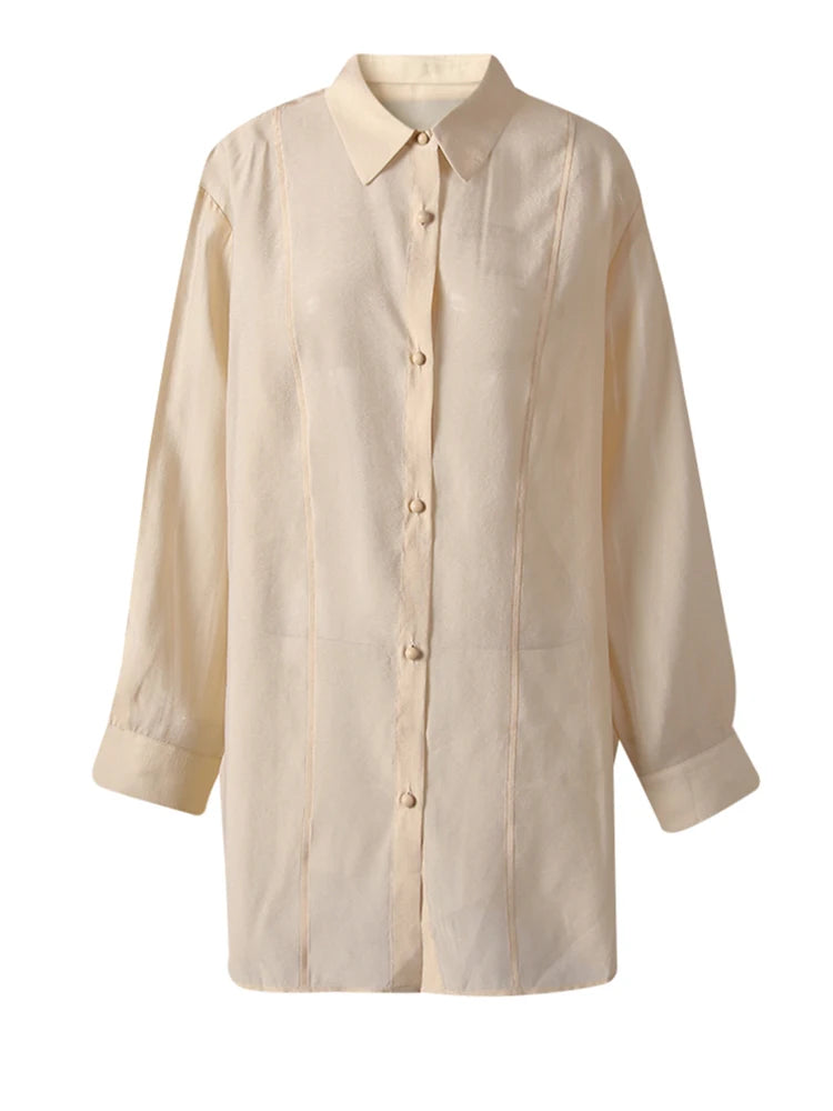 Women Apricot Thin Perspective Casual Big Size Blouse New Lapel Long Sleeve Shirt Fashion Tide Spring Autumn 2025 CPG3314