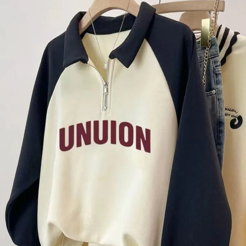 Load image into Gallery viewer, Korean Version 2024 Autumn Winter Beige Patchwork Letter Print Zipper Sweatshirt Women Long Sleeve Festival Slim Pullover Tops
