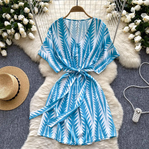 Load image into Gallery viewer, French Retro Women Blue Print V Neck Short Sleeved Festival Mini Dress Summer Elegant Bandage Vacation Party Dress Fashion Trend
