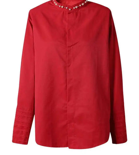 Women Red Pearl Nailed Elegant Big Size Blouse New Stand Collar Long Sleeve Shirt Fashion Tide Spring Autumn 2025 CPG2862