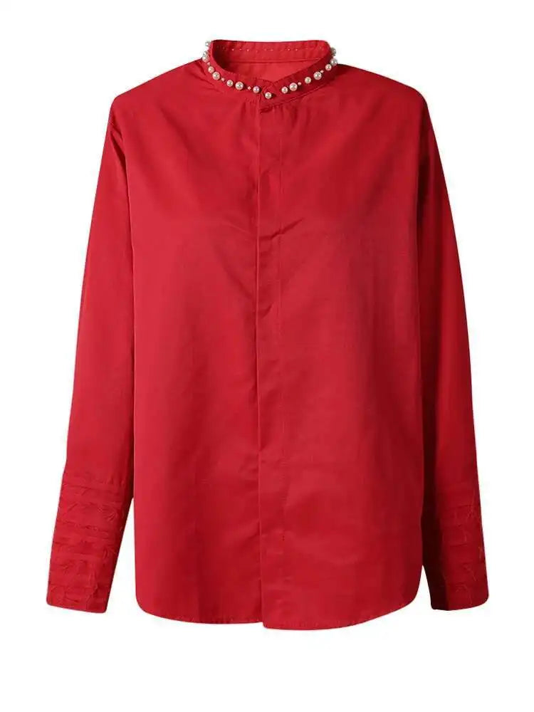Women Red Pearl Nailed Elegant Big Size Blouse New Stand Collar Long Sleeve Shirt Fashion Tide Spring Autumn 2025 CPG2862