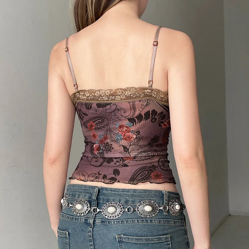 Load image into Gallery viewer, Vintage Floral Printed Lace Patchwork Mini Camisole Women Summer Slimming With Lace-Up Cropped Top Y2K Aesthetics New
