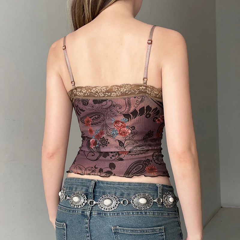 Vintage Floral Printed Lace Patchwork Mini Camisole Women Summer Slimming With Lace-Up Cropped Top Y2K Aesthetics New