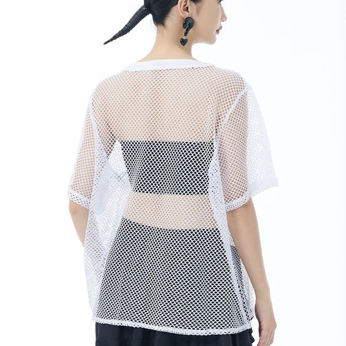 Load image into Gallery viewer, Women Black Grid Hollow Out Irregular Big Size T-shirt New Round Neck Short Sleeve Fashion Tide Spring Summer 2025 1DJ1602
