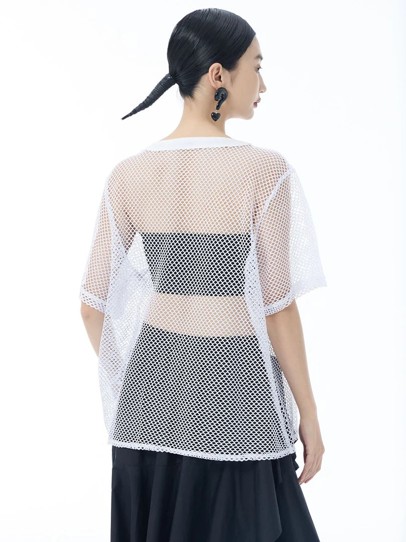 Women Black Grid Hollow Out Irregular Big Size T-shirt New Round Neck Short Sleeve Fashion Tide Spring Summer 2025 1DJ1602