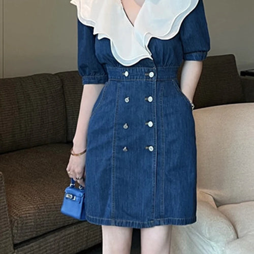 Load image into Gallery viewer, Spell Color Ruffles Denim Female Dresses Summer Double Breasted V-neck Short Sleeve Fashion Elegant Streetwear Outfits
