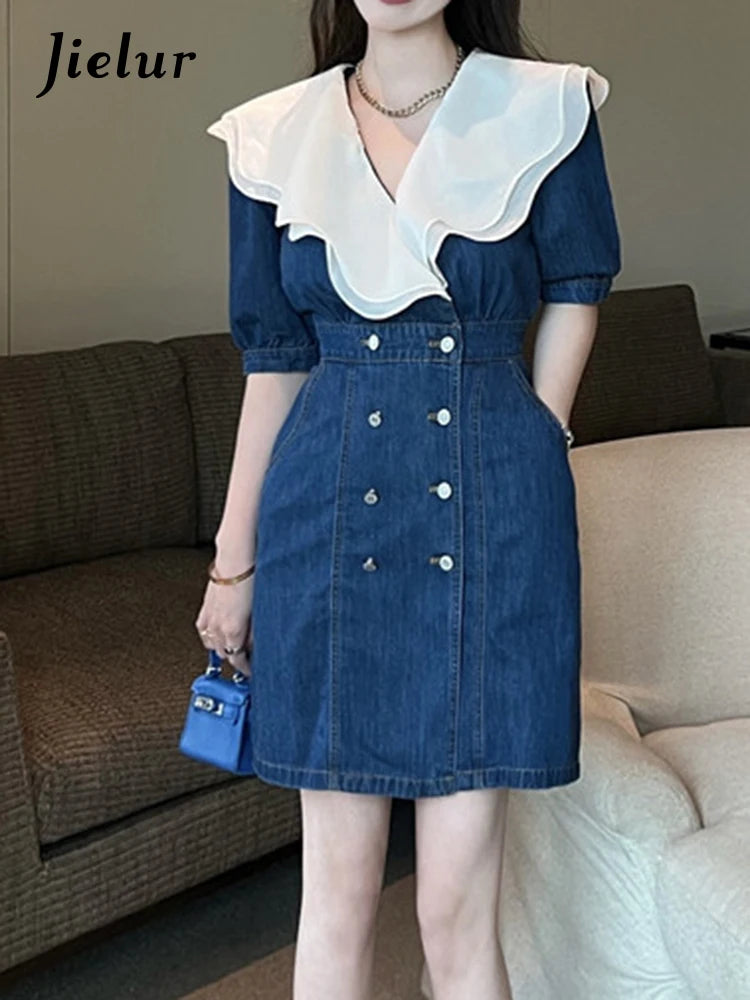 Spell Color Ruffles Denim Female Dresses Summer Double Breasted V-neck Short Sleeve Fashion Elegant Streetwear Outfits