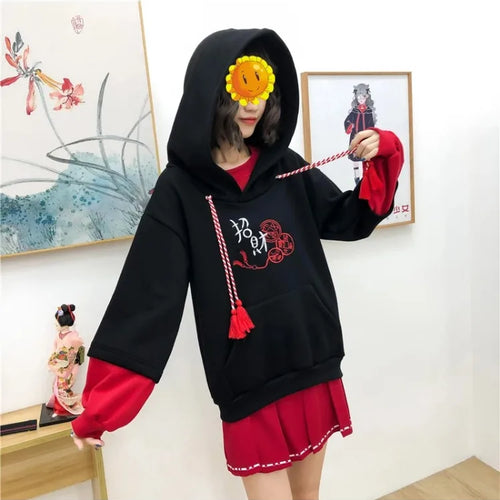 Load image into Gallery viewer, Harakuju Letter Embroidery Hoodies Winter Fleece Thick Long Sleeve Hooded Sweatshirts Sweet Style Pullover Tracksuits
