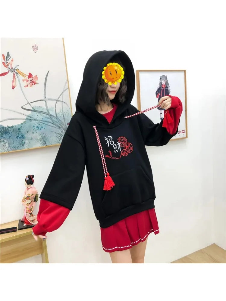 Harakuju Letter Embroidery Hoodies Winter Fleece Thick Long Sleeve Hooded Sweatshirts Sweet Style Pullover Tracksuits