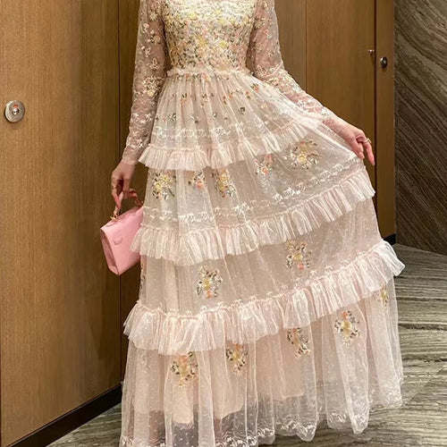Load image into Gallery viewer, Embroidery Patchwork Mesh Dresses For Women Round Neck Long Sleeve High Waist Spliced Folds Elegant Dress Female
