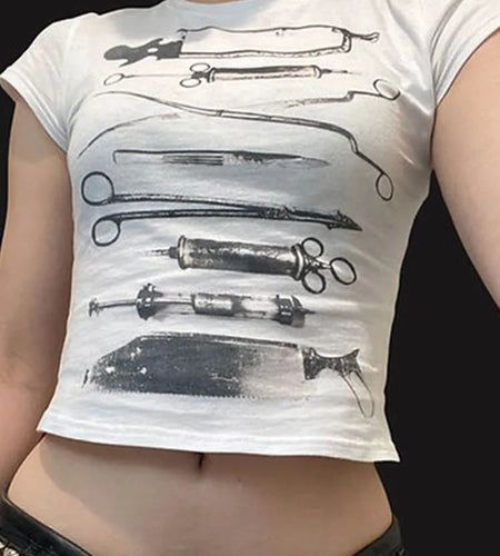 Dark Printed Cropped T Shiirt Gothic Casual Slim O-Neck Short Sleeve Tees Women 2024 Summer Fashion Streetwear Ladies