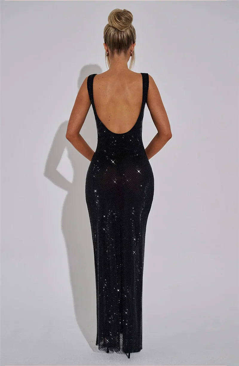 Sequins Backless Sexy Maxi Dress For Women Gown Fashion Sparkle Square Collar Sleeveless Bodycon Club Long Dress