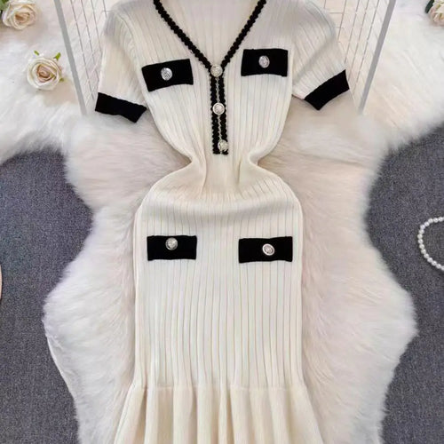 Load image into Gallery viewer, Summer Korean Patchwork V-neck Slim Ruffled Edge Pleated Short Sleeve Midi Dress Women Retro Holiday Wrap Hip Knitted Dress Chic
