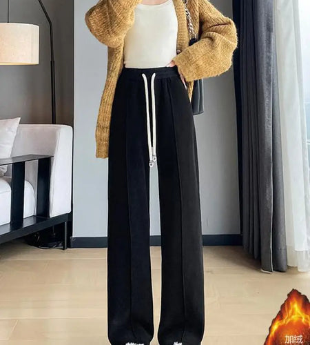Women Black Blue Velvet High Waist Office Ladies Pant Korean Fashion Red Drawstring Wide Leg Trousers Casual Thick New 2024 Chic